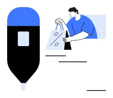 Elinde satış sembolü olan bir poşet tutan bir adam. Ön planda çok az arkaplanı olan büyük bir kalem. Perakende satış, e-ticaret, satış promosyonu, indirim reklamı için ideal.