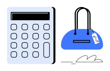 Hesap makinesinin yanında fiyat etiketi olan mavi bir çanta. E-ticaret, alım, finans, bütçe, perakende, alışveriş ve moda için ideal. Satır metaforu