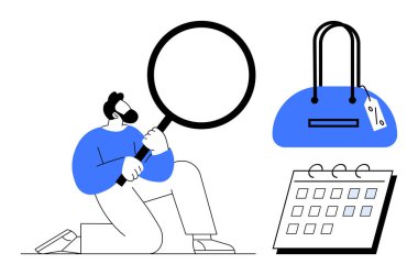 Büyüteçle diz çöküp el çantalarını inceleyen bir adam fiyat etiketi ve bir takvim. E-ticaret, alışveriş, perakende analizi, piyasa araştırması, satış stratejisi, fiyatlandırma stratejisi ve finans için ideal