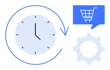 Zaman yönetimini gösteren oklu saat, elektronik ticaret iletişimi için alışveriş sepetli konuşma baloncuğu ve dişli çarklı mekanizmayı sembolize ediyor. İş, pazarlama ve e-ticaret için ideal