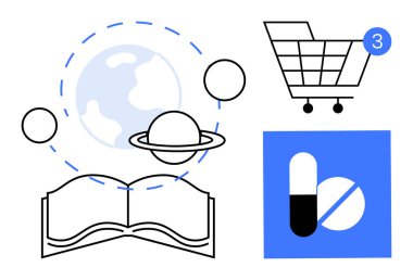 Gezegenler etrafında yörüngeleri olan açık bir kitap, tebligatlı alışveriş arabası, mavi karede hap ikonu. Eğitim, e-ticaret, sağlık, astronomi ve eczacılık eğitimi için ideal. Çizgi