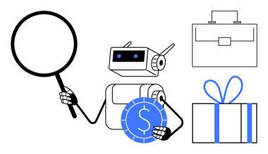 Robot bir elinde büyüteç, diğer elinde bozuk para, yanında çanta ve hediye kutusu var. Finans, iş, araştırma, teknoloji, yatırım, pazarlama ve e-ticaret için ideal