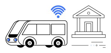 Kablosuz sembollü otonom otobüs kamu binasına gidiyor. Akıllı şehirler için ideal, toplu taşıma, kentsel planlama, IoT, teknoloji entegrasyonu, altyapı geliştirme, bağlantı. Çizgi