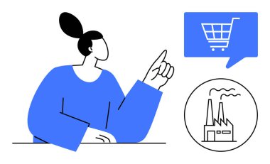 Bir kadın, konuşma balonunun içindeki mavi bir alışveriş arabasının sembolünü ve çemberin içindeki endüstriyel bir fabrikayı işaret ediyor. E-ticaret, perakende, sanayi, imalat ve teknoloji için ideal