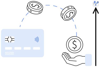 Kredi kartı ve tasvir edilen madeni paralar, elle para almayı içeren temassız bir ödeme sürecini gösteriyor. Finans, bankacılık, e-ticaret, dijital cüzdanlar, işlemler, çevrimiçi alışveriş için ideal