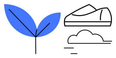 Mavi yaprak, çizilmiş koşu ayakkabısı ve bulut. Sürdürülebilirlik, sağlık, fitness, çevre, çevre dostu ürünler, doğa, açık hava faaliyetleri için ideal metafor