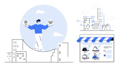Şehir manzarasının üstünde insan dengeleme ekipmanları ve tokalaşma simgeleri web pencerelerinde, binalarda çevrimiçi profiller. İş stratejileri, dijital dönüşüm, kentsel projeler, ağ oluşturma, çevrimiçi için ideal