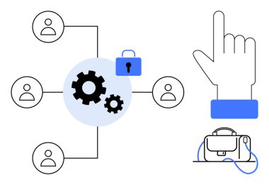 Takım çalışmasını ve güvenliği vurgulayan, birbirine bağlı kullanıcı simgelerine sahip ağ. El işaretleri ve evrak çantası da dahil. İş, güvenlik, teknoloji, iletişim, yönetim için ideal