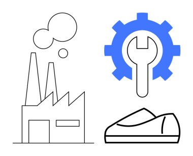 Fabrika, mavi dişli İngiliz anahtarı ve ayakkabı endüstriyi ve üretimi temsil ediyor. Üretim, fabrika işlemleri, endüstriyel bakım, ayakkabı üretimi, mühendislik, sanayi kavramları için ideal