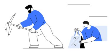 Kazma kazan bir işçi ve elinde satış çantası tutan bir müşteri. Ekonomi, iş gücü, tüketim, ticaret, perakende, iş ahlakı ve pazarlama kavramları için idealdir. Satır metaforu