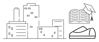 Yüksek katlı kampüs binaları, açık bir kitap, ve spor ayakkabısı eğitimi, öğrenmeyi ve fiziksel aktiviteyi temsil ediyor. Eğitim, kampüs hayatı, mezuniyet, spor, öğrenci için ideal