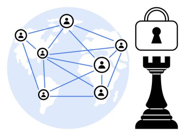 Birbirine bağlı insan simgeleri ağı küresel bir haritada güvenliği simgeleyen kilit ve satranç kalesi ile birlikte. Siber güvenlik, ağ oluşturma, küresel iletişim, takım yönetimi, strateji planlaması için ideal