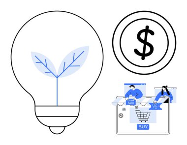 Küçük bitkisi olan bir ampul, dolar işareti, ve nakit para ve indirim simgeleriyle çevrimiçi alışveriş arabası. Finansal planlama, sürdürülebilirlik, e-ticaret, yenilik, büyüme, tasarruf dijital