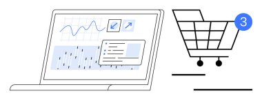 Analitik grafikli dizüstü bilgisayar ve ekranda alışveriş arabası simgesinin yanında tebligat var. E-ticaret, dijital pazarlama, iş analizleri, çevrimiçi alışveriş, perakende yönetimi için ideal
