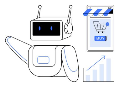 Akıllı telefonun yanında elinde satın alma düğmesi ve tebligatı olan bir alışveriş arabası olan bir robot. Bir büyüme grafiği de görülebilir. E-ticaret, teknoloji, online alışveriş, otomasyon için ideal.