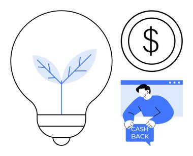 Bitkili ampul, dolar işareti ve nakit para tutan kişi. Finans, tasarruf, çevre dostu girişimler, nakit geri ödeme teklifleri, sürdürülebilirlik için ideal. Temiz ve modern stil