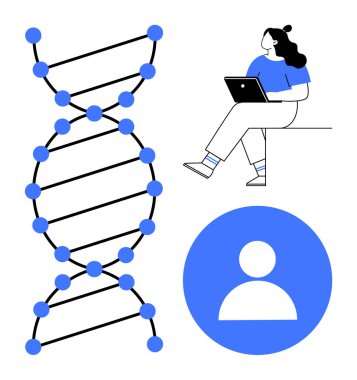 Mavi işaretli ve siyah bağlantıları olan DNA ipliği, dizüstü bilgisayar kullanan mavi elbiseli kişi, dairesel mavi profil ikonu. Genetik, eğitim, teknoloji, profil, araştırma ve bilim için ideal