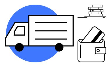 Mavi çemberdeki teslimat kamyonu, kartlı cüzdan, istiflenmiş depo kutuları e-ticaret ve lojistik tasvirleri. Çevrimiçi alışveriş, ödeme işlemleri, nakliyat, ulaşım, envanter için ideal