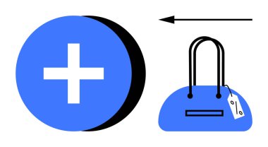 Artı tabela ve mavi el çantası, alışveriş arabasına yön okuyla bir şey eklendiğini gösteriyor. Çevrimiçi alışveriş, e-ticaret, perakende, moda, satın alma, dijital işlemler, piyasa dinamikleri için ideal. Çizgi