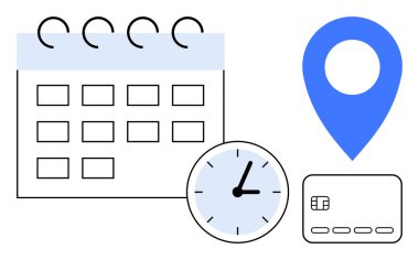 Tarihli takvim, saati gösteren saat, mavi lokasyon şifresi ve kredi kartı. Proje yönetimi, planlama etkinlikleri, seyahat organizasyonu, ödeme programları, iş koordinasyon süresi için ideal