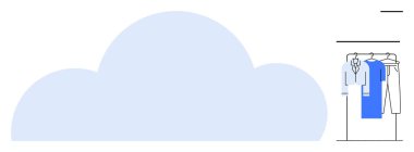 Geniş bulut şekli ve çeşitli giysi askıları tişört ve elbiseleri gösteriyor. Moda uygulamaları için ideal, çevrimiçi gardırop yönetimi, bulut depolama, minimal tasarım