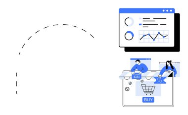 Analitik gösterge paneli, satın alma ayrıntılarını ve nakit tekliflerini inceleyen online müşterilerin üzerindeki veri eğilimlerini gösteriyor. E-ticaret, pazarlama, veri analizi, alışveriş, finans, dijital pazarlama için ideal
