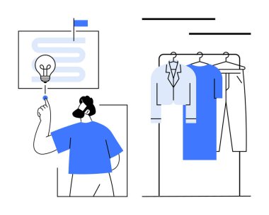 İnsan ampul ikonuna dokunur, fikirleri ya da yenilikleri sembolize eder. Askıdaki giysiler moda ya da perakendeciliği simgeliyor. Yaratıcılık, yenilik, moda, perakende, sorun çözme, iş stratejisi için ideal