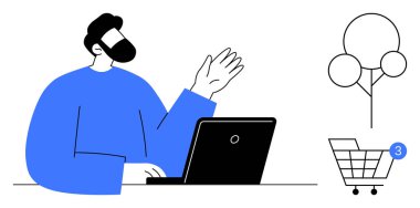 Adam el kaldırırken dizüstü bilgisayar kullanıyor. Uyarı simgesi olan alışveriş arabası ve ağaç çizgisi. E-ticaret, çevrimiçi alışveriş, müşteri hizmetleri, tebligatlar, teknoloji, dijital pazarlama için ideal