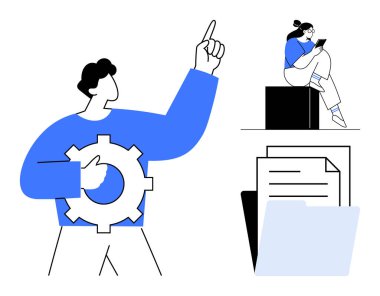 Birinde dişli sembolü yukarıyı işaret eden iki karakter, diğerinde telefonda belgeler ve klasörün yanında okunuyor. Takım çalışması, proje yönetimi, üretkenlik, iş çözümleri için ideal