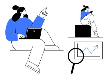 Dizüstü bilgisayarlar ve tabletlerle çalışan iş adamları, büyüteçle büyüme tablosunu analiz ediyorlar. İş için ideal, uzak çalışma, teknoloji, veri analizi, üretkenlik, iletişim