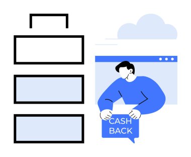 Tarayıcı penceresi ve diyagramın yanında nakit para çekme tabelası tutan bir adam. Finans, tasarruf, nakit ödeme programları, dijital pazarlama ve kişisel finans için ideal. Modern düz sanat tarzı