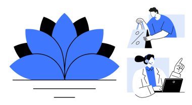 Siyah aksanlı soyut mavi çiçek yanında alışveriş poşetleri taşıyan bir kişi ve bir diğeri de kulaklık takan bir laptop kullanıyor. İş için ideal, e-ticaret, müşteri hizmetleri, iletişim