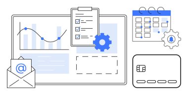 Tahtada analiz grafiği, panoda kontrol listesi, tebligatlı takvim, e-posta zarfı, kredi kartı. İş planlaması, organizasyon, finans, verimlilik veri analizi zamanlaması için ideal