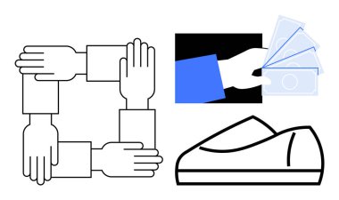 Birbirine kenetlenmiş eller birliği simgeler. İşlemler için para değiş tokuşu ve pratik olduğunu gösteren bir ayakkabı. Takım çalışması, ticaret, toplum desteği, işbirlikçi projeler ve mali destek için ideal