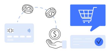 Dijital ödeme sisteminde kredi kartı, bozuk para, el alımı parası, alışveriş arabası ve onaylanmış işlemler yer alıyor. E-ticaret, finans teknolojisi, çevrimiçi alışveriş, işlemler için ideal, nakitsiz