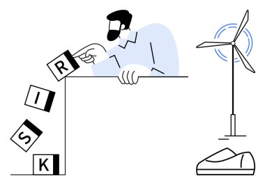 Düşen RISK bloklarını önlemek için R bloğu yerleştiren adam, enerji üreten rüzgar türbini, yer istikrarını öneren ayakkabı. Risk yönetimi, sürdürülebilirlik, yenilenebilir enerji, finans ve güvenlik için ideal