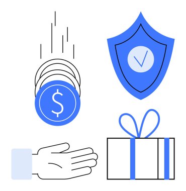 Düşen paralar, işaretli kalkan, açık el ve kurdeleli hediye kutusu. Bankacılık, finans, sigorta, yatırım güvenliği cömertliği teması için ideal. Satır metaforu