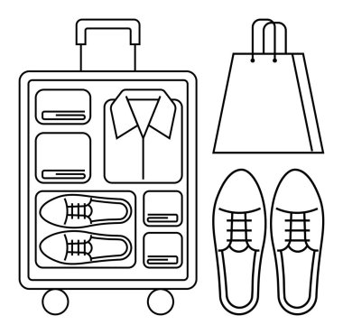 İçinde katlanmış giysiler ve ayakkabılar, bitişik ayakkabılar ve alışveriş çantası olan bavul. Seyahat planı, paketleme ipuçları, organizasyon, alışveriş, tatil, moda deposu için ideal. Satır metaforu