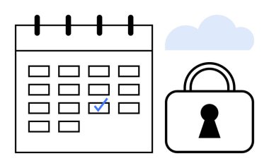 Belirlenmiş bir tarih, kilitlenme ve bulut takvimi. Zamanlama, veri güvenliği, bulut depolama, planlama, verimlilik yönetimi gizliliği için ideal. Satır metaforu