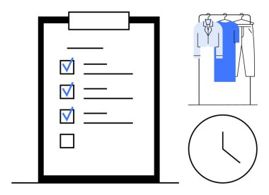 İşaretli kutuları, boş kutuları, asılı kıyafetleri ve saati olan kontrol listesi. Üretkenlik, organizasyon, zaman yönetimi, görev takibi, gardırop planlama verimliliği için ideal hedef belirleme. Çizgi