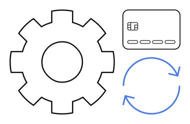 Vites biçimi, kredi kartı ve dairesel oklar finans, otomasyon ve sürekli süreçlerin bir karışımını gösteriyor. Fintech, süreç yönetimi, otomasyon, finans verimliliği güncellemeleri için ideal