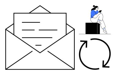 Envelope with letter, seated person reading device, and refresh arrows. Ideal for communication, correspondence, renewal, updates, digital interaction messaging and efficiency. Line metaphor clipart