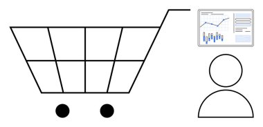 Alışveriş arabası ikonu, analitik çizelgesi, e-ticareti vurgulayan kullanıcı sembolü. Perakende, çevrimiçi alışveriş, iş büyümesi, tüketici davranışı, pazar analizi, dijital pazarlama için ideal