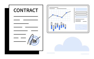 İmzalı sözleşme, veri analizinin yanında çizgi grafikleri ve bar çizelgeleri olan bir panelde duruyor. İş anlaşmaları, mali analiz, veri görselleştirme, raporlar, sunumlar, proje için ideal