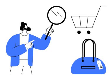 Elinde bir büyüteç tutan kişi alışveriş arabası ve el çantasını işaret ediyor. Temalar için ideal online alışveriş, e-ticaret, tüketici davranışı, ürün araması, perakende satış, pazar analizi