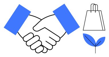 Ticaret torbası ile ortaklığı simgeleyen iş tokalaşması ve sürdürülebilirlik için yaprak. Ticari işbirliği için ideal, çevre dostu girişimler, yeşil pazarlama, perakende, şirket