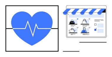 Çevrimiçi vitrinin yanında, tentenin altında torbalar gösteren büyük mavi bir kalp atışı hattı var. E-ticaret, perakende, sağlık, çevrimiçi alışveriş, web tasarımı, pazarlama, sağlık takibi için ideal. Çizgi