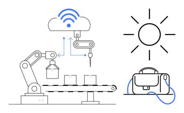 Robotik kol, bulut bağlantısı ve veri aktarım sembolleriyle bir taşıyıcı bandın üzerine nesneleri yerleştiriyor. İş seyahati için güneş enerjisi ikonu ve laptop çantası. Akıllı fabrikalar için ideal, sanayi 4.0, IOT