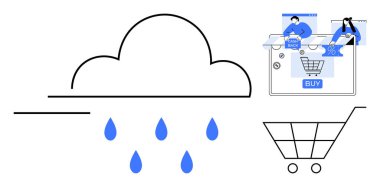 Alışveriş arabasında bulut yağmuru, tabletlerle alışveriş yapan insanlar. E-ticaret, bulut bilgisayarı, dijital perakende, çevrimiçi alışveriş, veri depolama, mobil işlemler, müşteri deneyimi için ideal