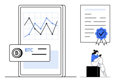 Mobil ekranda Bitcoin ticaret grafiği gösteriliyor. Tablet üzerinde çalışan biri, mavi rozetli bir belge. Finans, kripto para birimi, ticaret, eğitim ve teknoloji için ideal